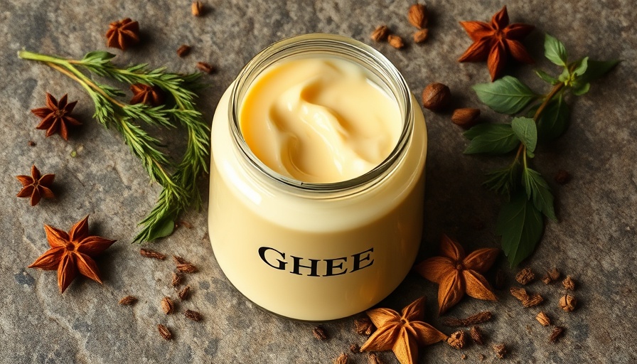A2 cow ghee in jar with herbs on stone surface.