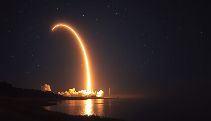 Rocket launch creating a bright arc in the night sky over water, space.