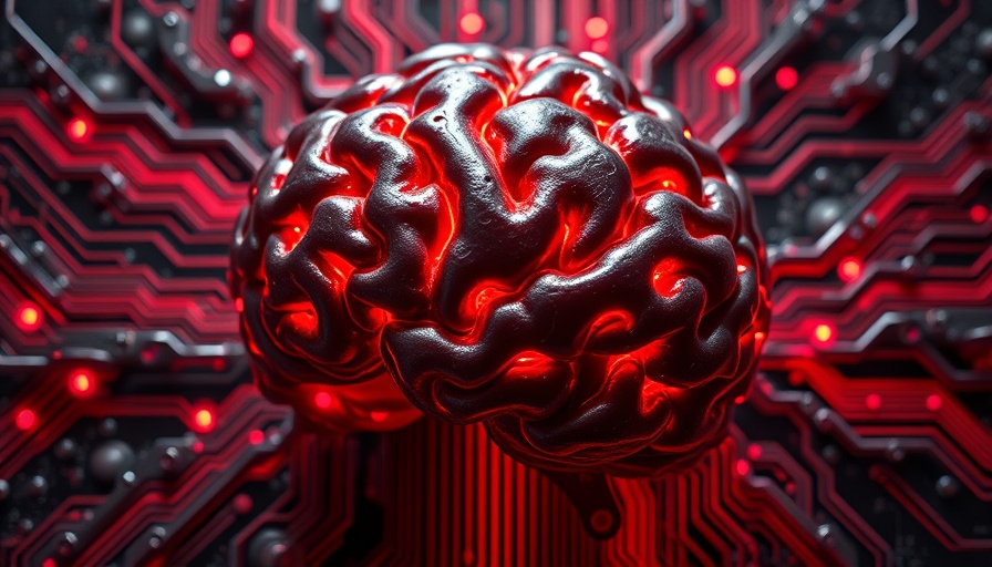 Futuristic neural network brain integration with glowing red lights.