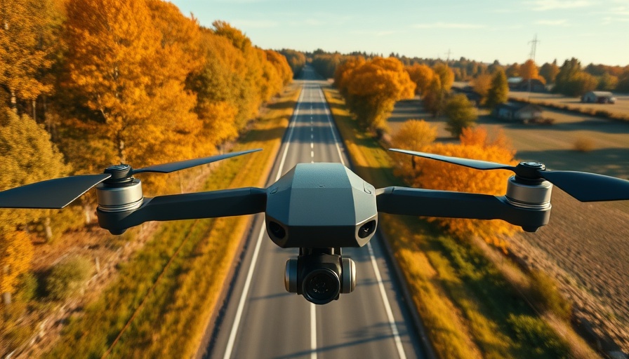 Drone view displaying fiber-optic repeater drone overlay on rural road.