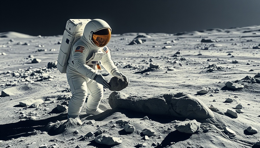 Astronaut on the moon collecting Apollo 17 moon rock.