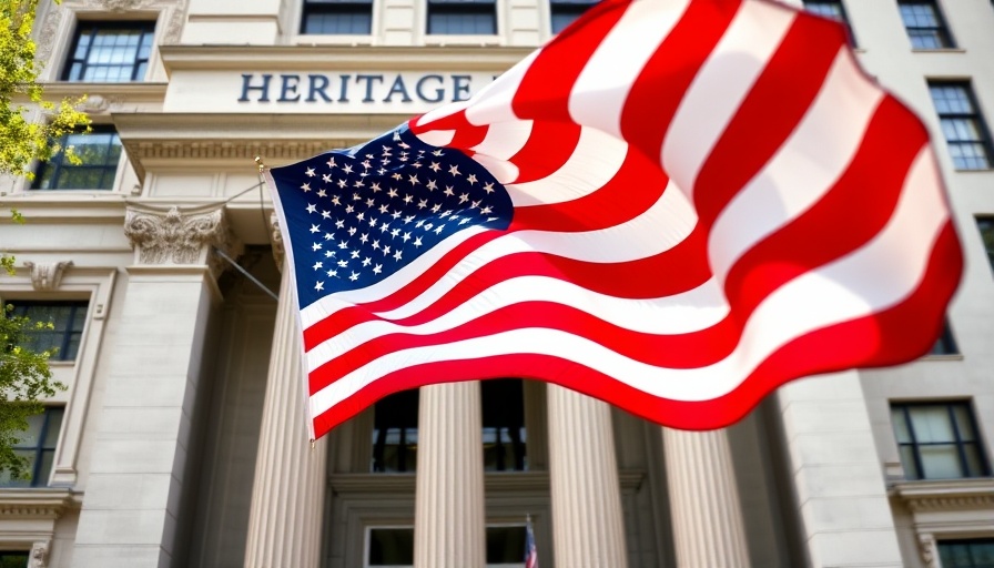 American flag in front of the Heritage Foundation building, vibrant scene.