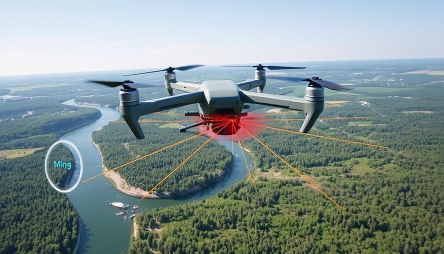UAVs performing remote sensing detection over river and forest.