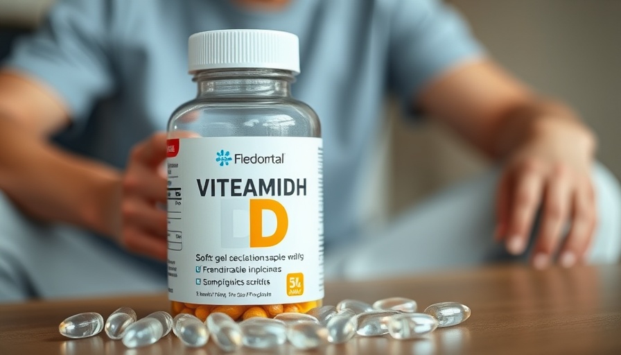Vitamin D supplements on table with blurred background, overconsumption concerns.