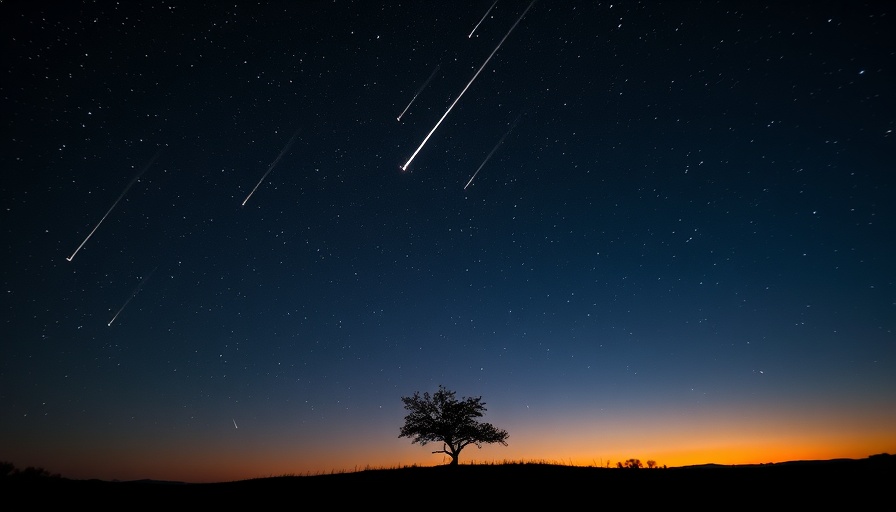 Meteor showers in a starry night sky over silhouetted tree.