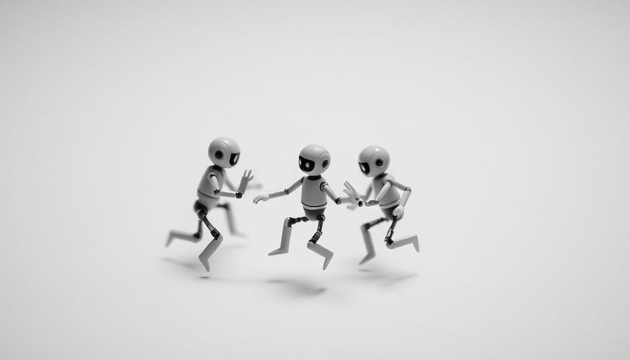 Tiny living robots in motion, grayscale minimalist scene.