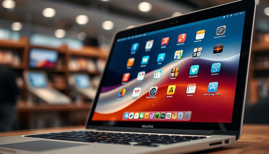 Close-up MacBook Pro with app icons in store, sleek design.