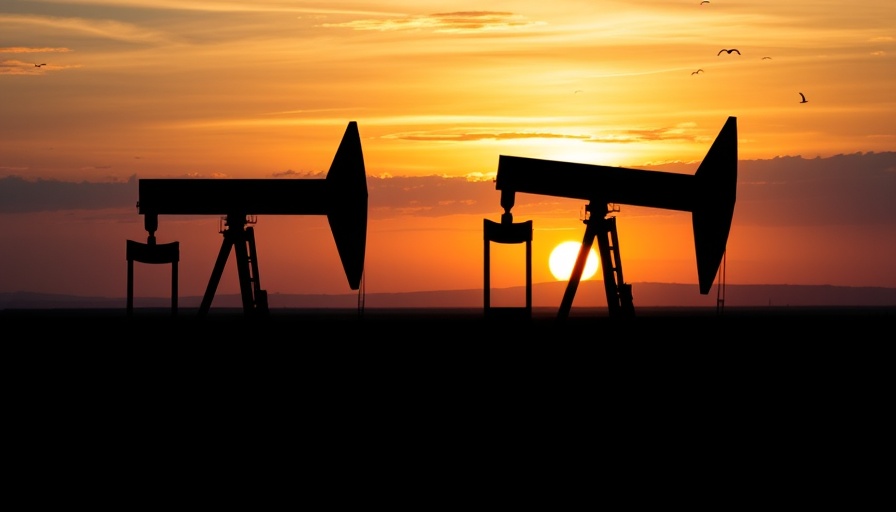 Silhouetted dry oil wells at sunset with birds in the sky.