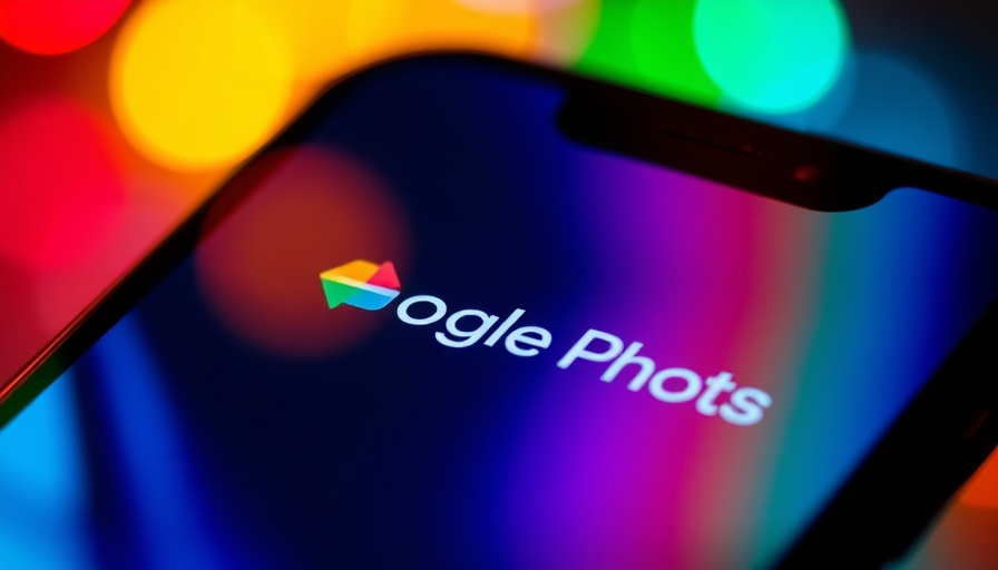 Google Photos logo on smartphone with colorful abstract background.