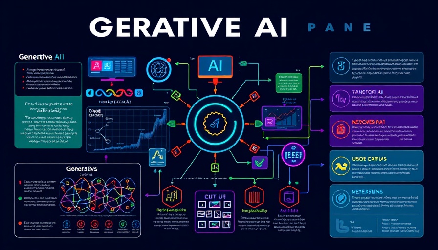 Generative AI process diagram with flowcharts and icons.