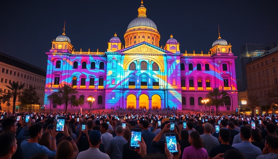 Night crowd using smartphones at lit building projection, consumer technology event.