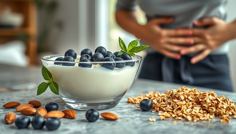 High-fiber yoghurt bowl with berries and granola next to woman's discomfort.