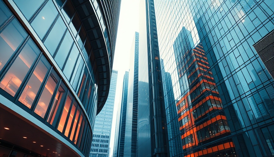 Futuristic architecture framing high-rise buildings, financial district vibe.