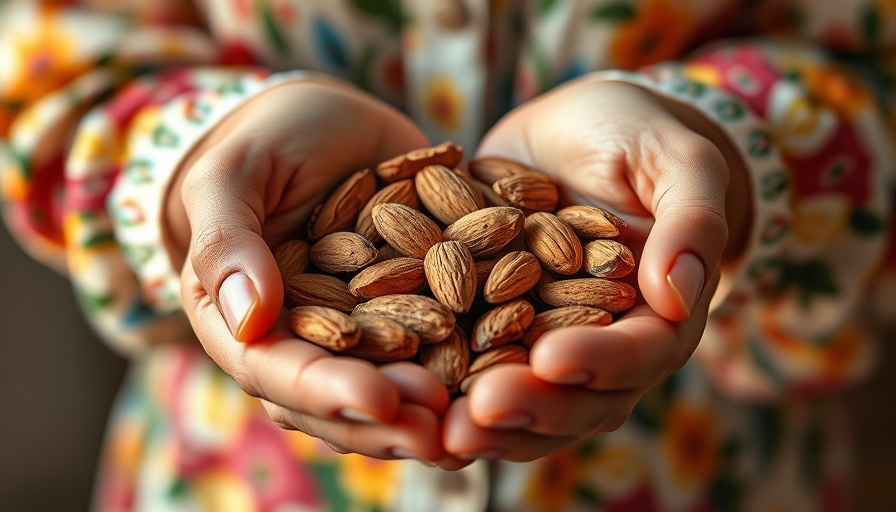 Hands holding almonds, highlighting almond and gut health benefits.