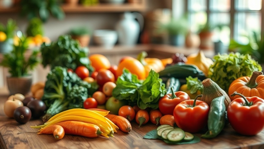 Fresh vegetables and fruits on a wooden table promoting cancer prevention and healthy eating.