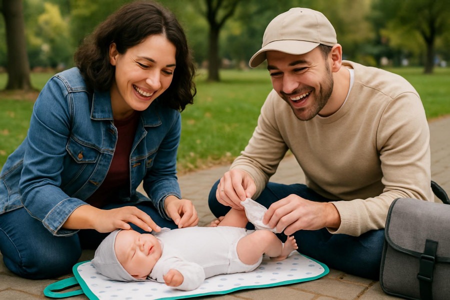 Traveling parents with newborn joyfully using peekapoo changing pads.