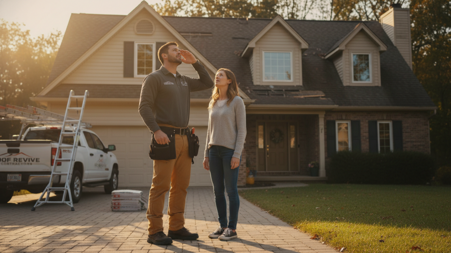 Realistic roofing contractor assessing roof with curious homeowner nearby.