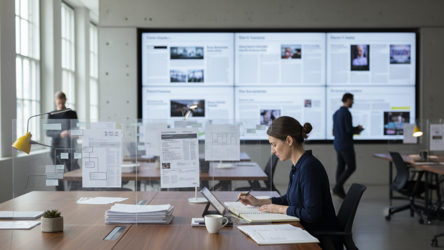 Journalist in a modern newsroom reviewing structured reporting notes.