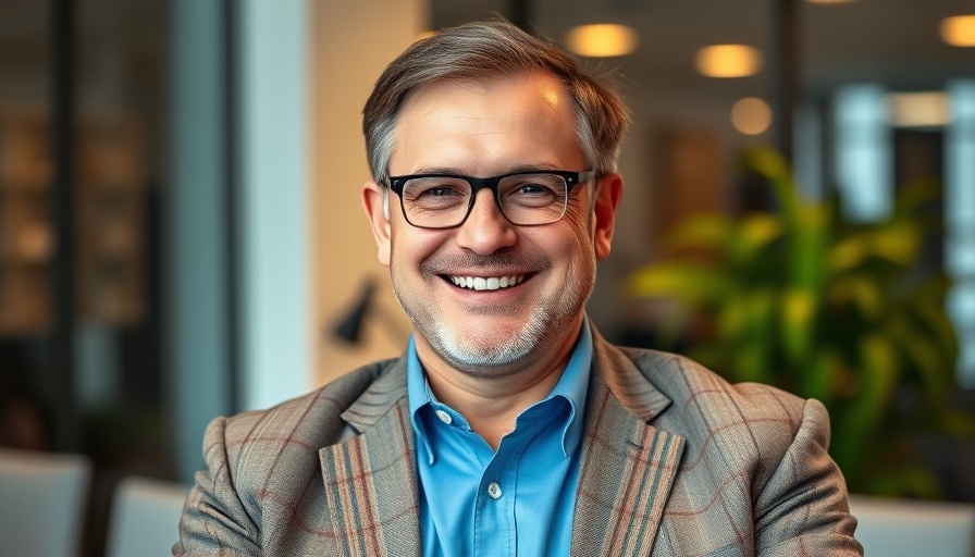 Smiling middle-aged man in office, gravity and gut health