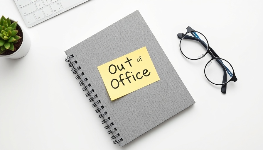 Minimalist desk setup with notebook and 'Out of Office' note.