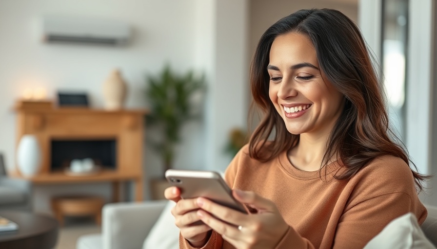 Relaxed woman controlling smart HVAC tools with smartphone at home.