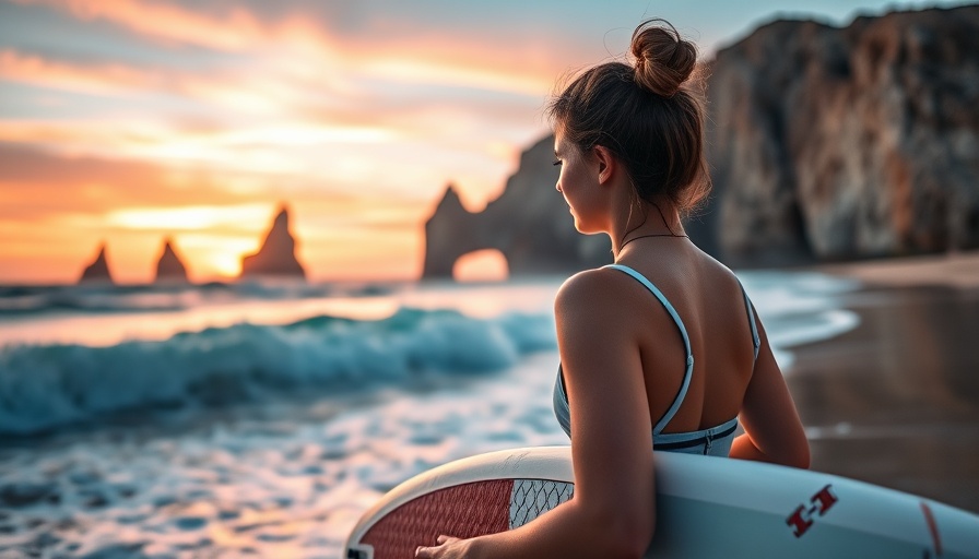 Woman with paddleboard at Cabo San Lucas beach during sunset.