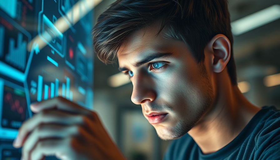 Focused young man analyzing data on futuristic screen, concept related to employee retention surveys.