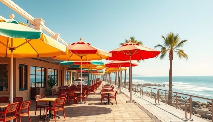 Sunny Cabo travel cafe with ocean view and palm trees.