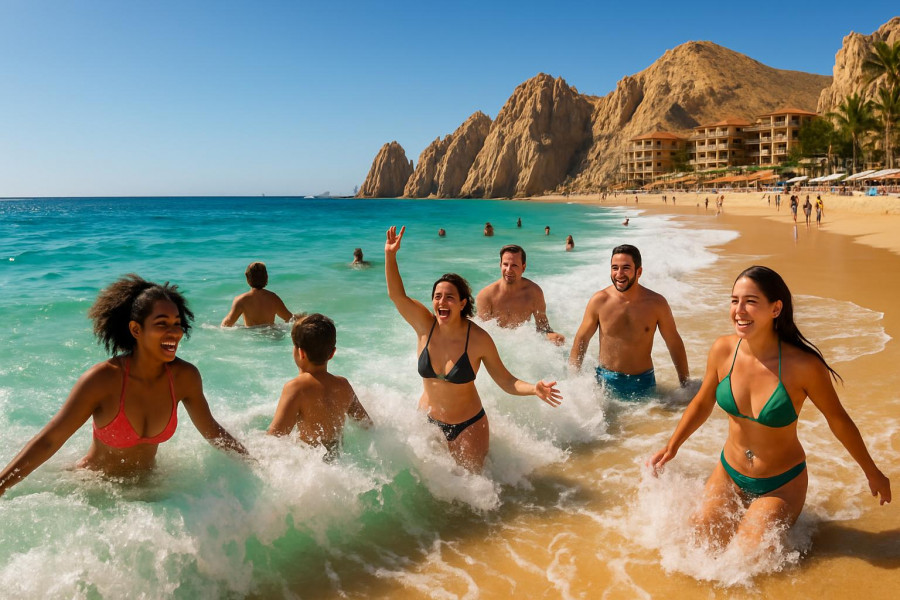 Cabo resort beach swimmable with people enjoying water