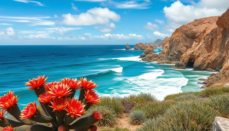 Coastal wildlife in Los Cabos, cactus blooms over rocky shore.