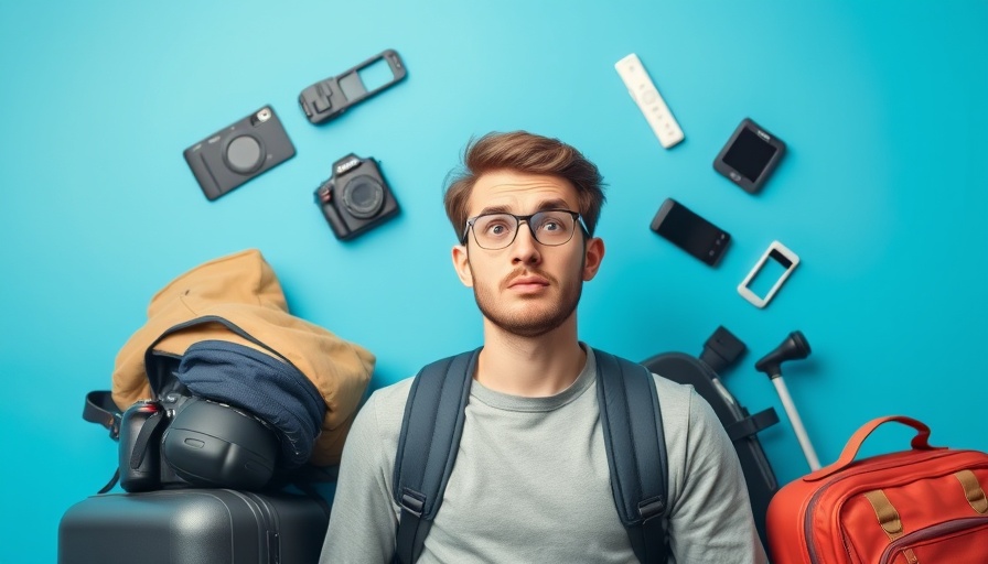 Young man surrounded by Amazon travel essentials, looking perplexed.