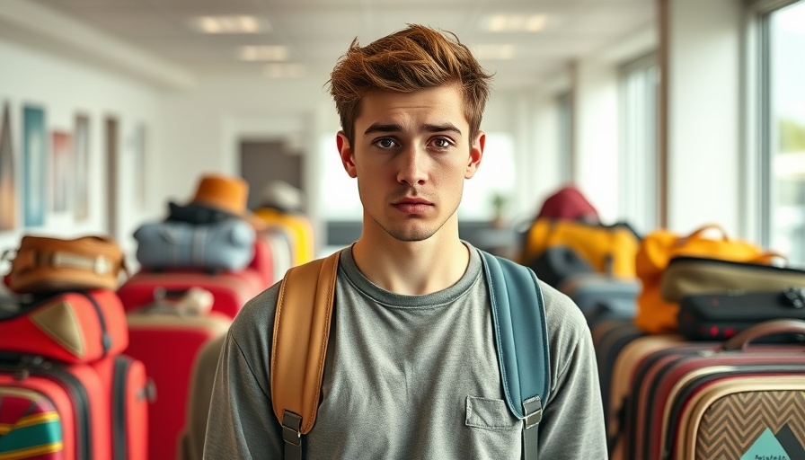 Confused traveler surrounded by Amazon travel essentials.