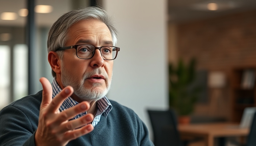Older man gesturing during business meeting in office.