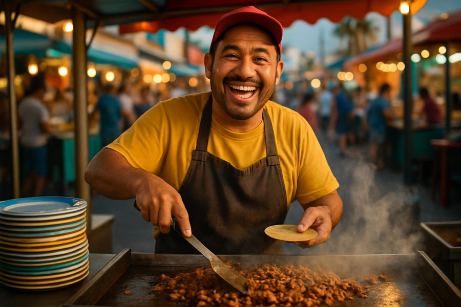 Street vendor in Los Cabos preparing food with a smile.