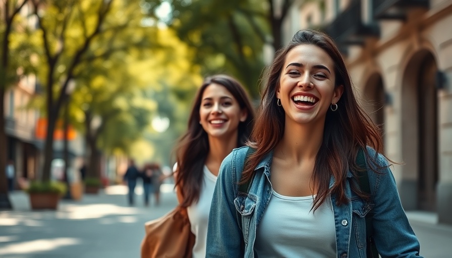 Smiling women walking on a city street, impact of Women's Health Initiative on HRT.