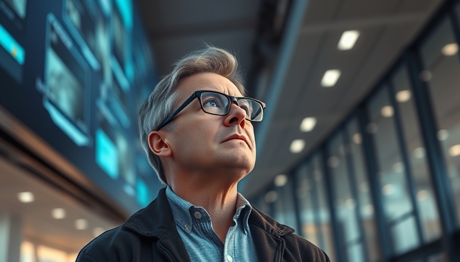 Middle-aged man observing modern screen in technological setting