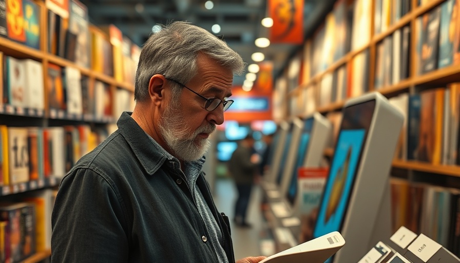 Middle-aged man browsing books in a bookstore with digital kiosks.
