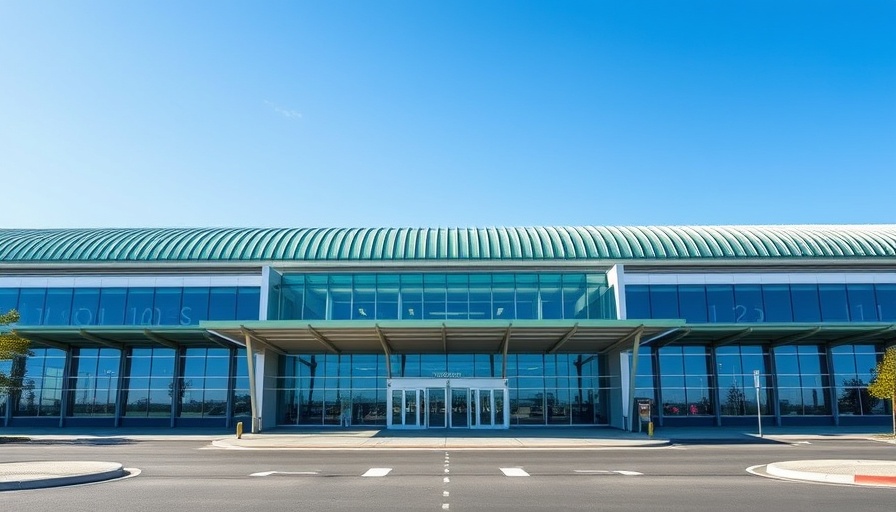 Cabo airport terminal exterior with modern design and glass windows.