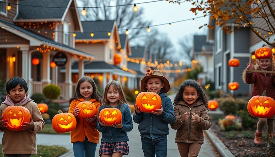 Lively Halloween street scene with kids and decorations.
