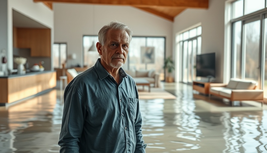 Residential water damage in San Diego CA, distraught man in flooded living room.