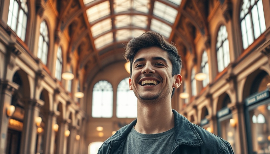 BMONI Launches in Nigeria: Smiling man in grand train station.