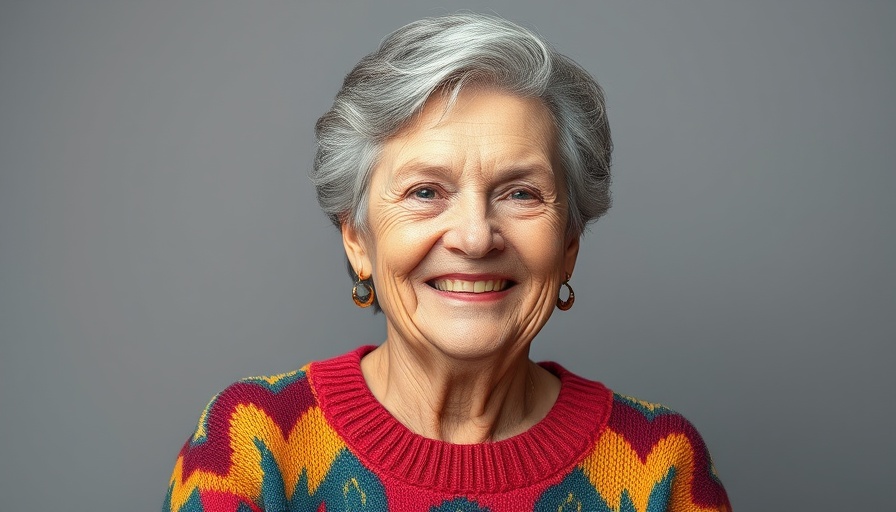 Happy elderly woman wearing a colorful sweater, optimize mitochondrial health for longevity.