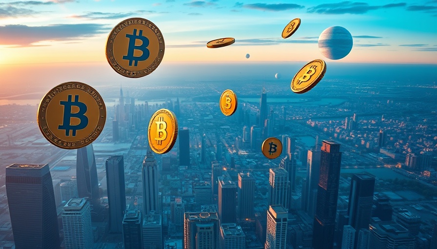 Futuristic coins floating above city skyline, BNB outshines BTC ETH.