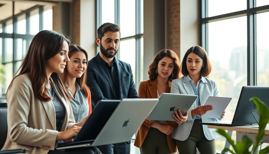 Professionals discussing digital marketing strategies in modern office.