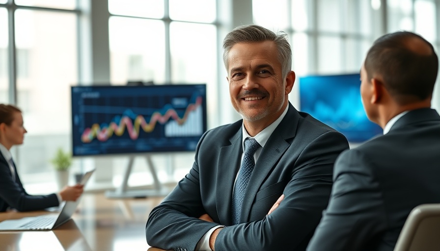 Confident executive leading meeting in modern office.