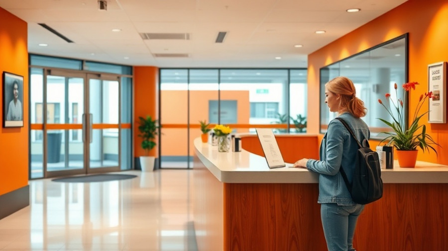 Bright and modern healthcare clinic reception area, woman checking in.