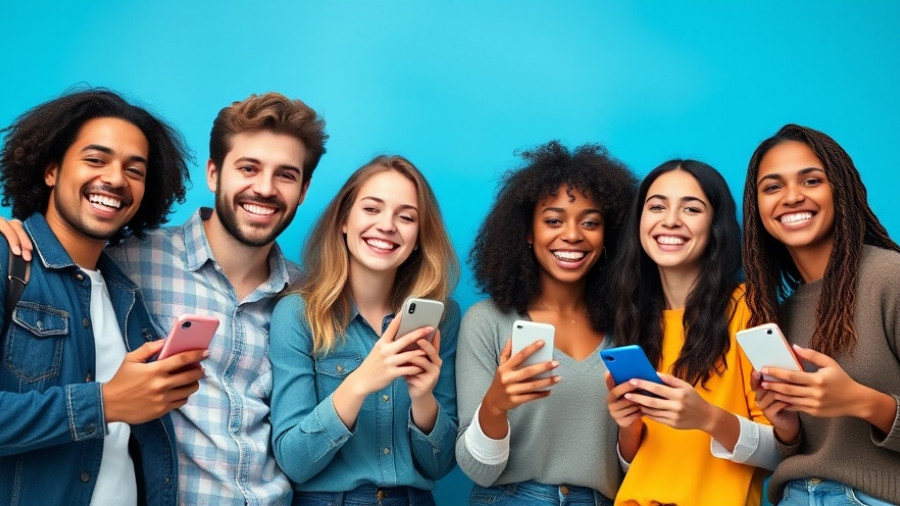 Diverse group enjoying smartphones, promoting rent a cyber friend.