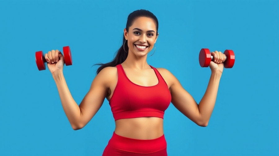 Smiling woman holding dumbbells, 30-minute strength training method.