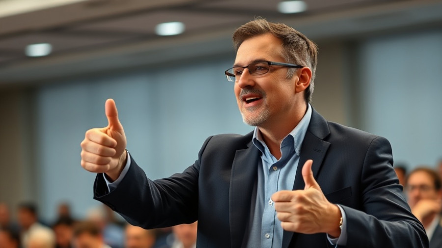 Confident male speaker discussing AI safety regulations at a conference.