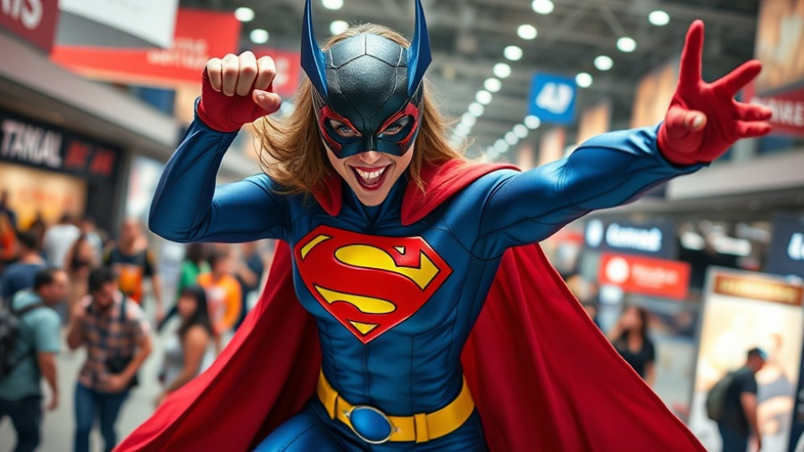 Superhero cosplay at New York Comic Con 2025, action-packed pose.